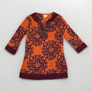 Merona Women's Tunic Top Size S Orange Burgundy Pullover V-Neck 3/4 Sleeves GUC